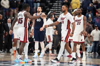 Nov 3, 2025; Inglewood, California, USA; Miami Heat guard Norman Powell (24) celebrates with guard Davion Mitchell (45) at the end of the game against the LA Clippers at Intuit Dome. Mandatory Credit: Kirby Lee-Imagn Images