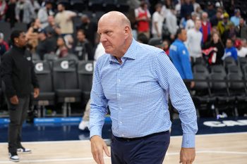Nov 3, 2025; Inglewood, California, USA; LA Clippers owner Steve Ballmer reacts at the end of the game against the Miami Heat at Intuit Dome. Mandatory Credit: Kirby Lee-Imagn Images