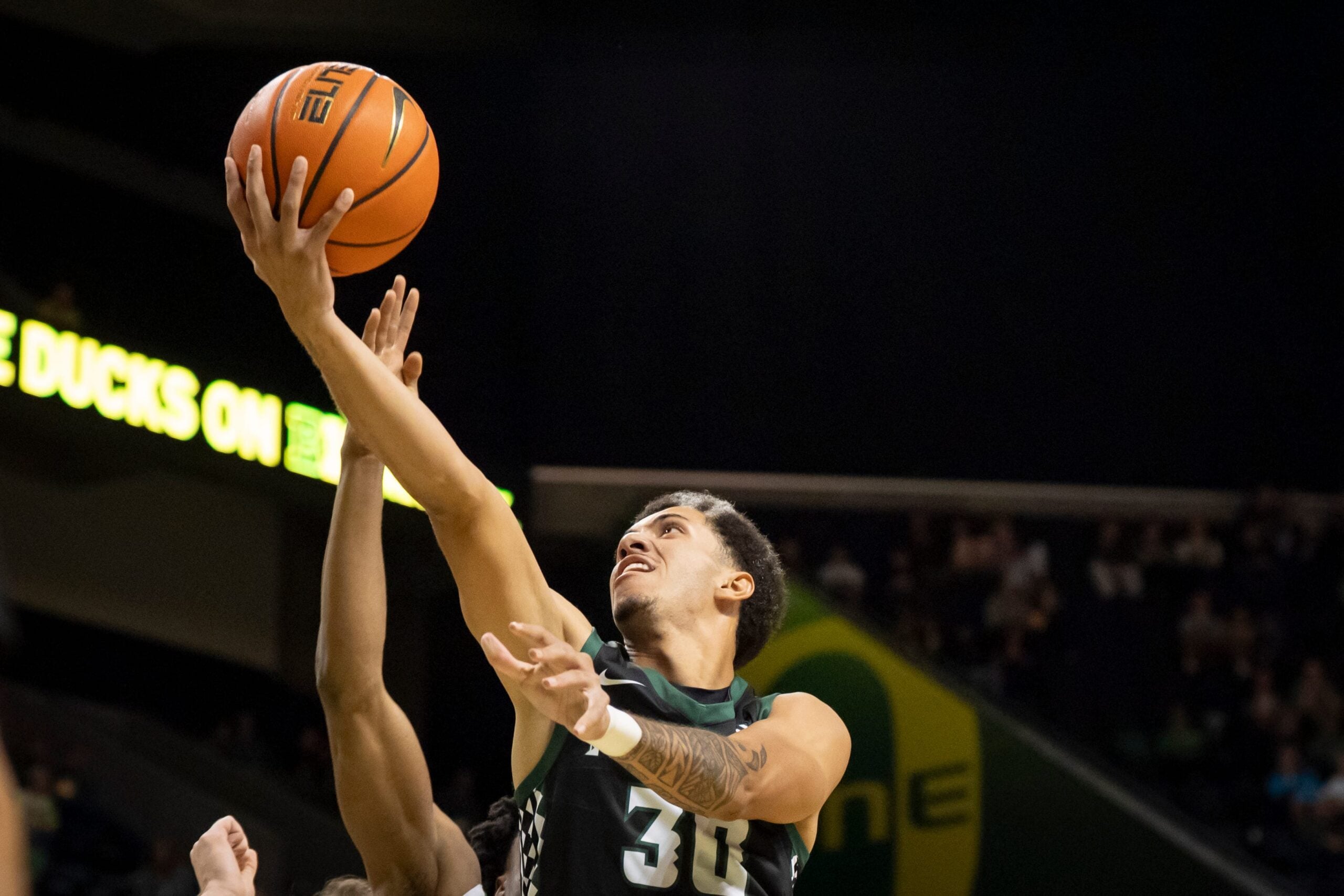 Hawaii guard Aaron Hunkin-Claytor goes up for a shot as the Oregon Ducks host the Hawaii Rainbow Warriors on Nov. 4, 2025, at Matthew Knight Arena in Eugene, Oregon.