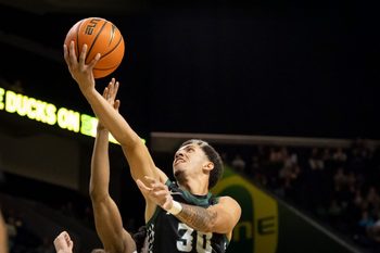 Hawaii guard Aaron Hunkin-Claytor goes up for a shot as the Oregon Ducks host the Hawaii Rainbow Warriors on Nov. 4, 2025, at Matthew Knight Arena in Eugene, Oregon.