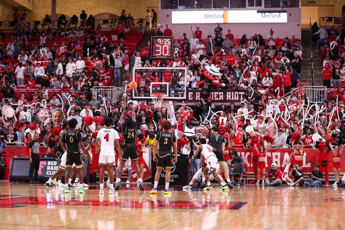 Texas Tech students attempt to distract the Lindenwood free throw shooter during a non-conference men's basketball game, Tuesday, Nov. 4, 2025, at United Supermarkets Arena.