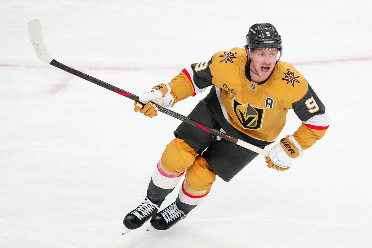 Nov 4, 2025; Las Vegas, Nevada, USA; Vegas Golden Knights center Jack Eichel (9) skates against the Detroit Red Wings during the third period at T-Mobile Arena. Mandatory Credit: Stephen R. Sylvanie-Imagn Images