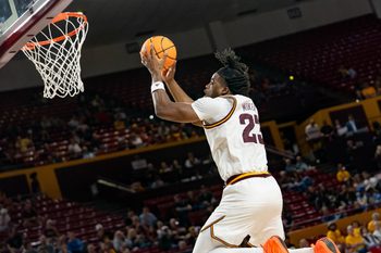 Arizona State Sun Devils Allen Mukeba (23) jumps to score during a game against the Southern Utah Thunderbirds at Desert Financial Arena in Tempe on Nov. 4, 2025.
