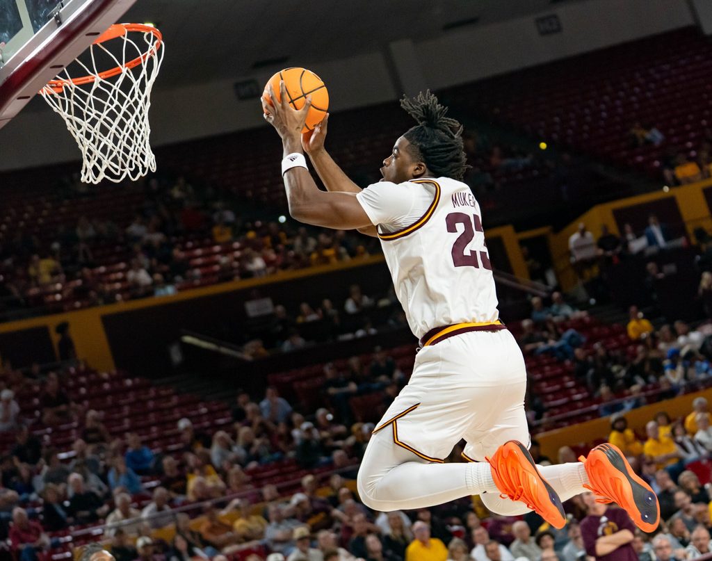 Arizona State Sun Devils Allen Mukeba (23) jumps to score during a game against the Southern Utah Thunderbirds at Desert Financial Arena in Tempe on Nov. 4, 2025.