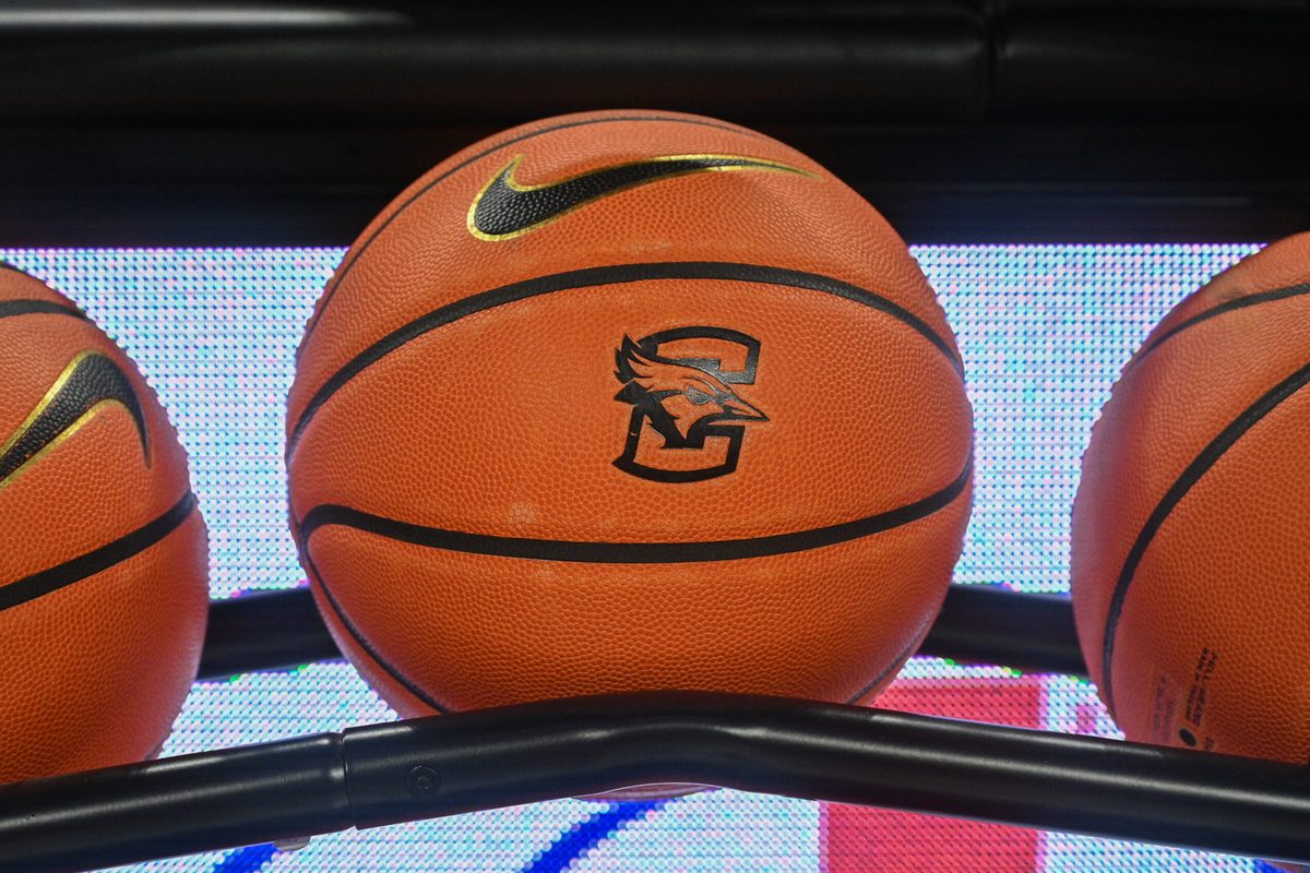 Nov 5, 2025; Omaha, Nebraska, USA; General view of a basketball before the game between the Creighton Bluejays and the South Dakota Coyotes at CHI Health Center Omaha. Mandatory Credit: Steven Branscombe-Imagn Images