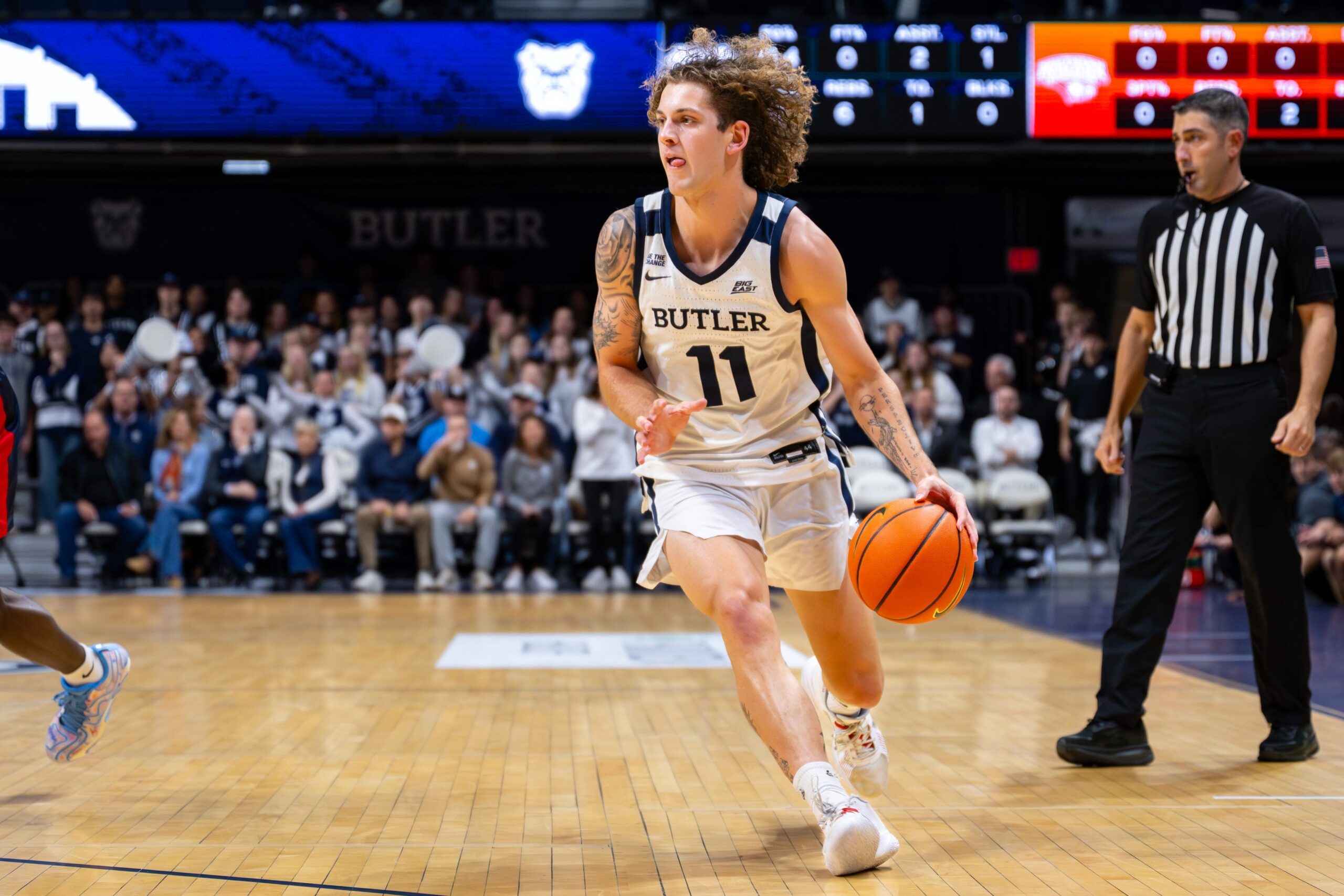 Butler Bulldogs guard Finley Bizjack (11) brings the ball up court during the first half of an NCAA basketball game against the Southern Indiana Screaming Eagles, Wednesday, Nov. 5, 2025, at Hinkle Fieldhouse.