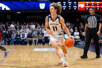Butler Bulldogs guard Finley Bizjack (11) brings the ball up court during the first half of an NCAA basketball game against the Southern Indiana Screaming Eagles, Wednesday, Nov. 5, 2025, at Hinkle Fieldhouse.