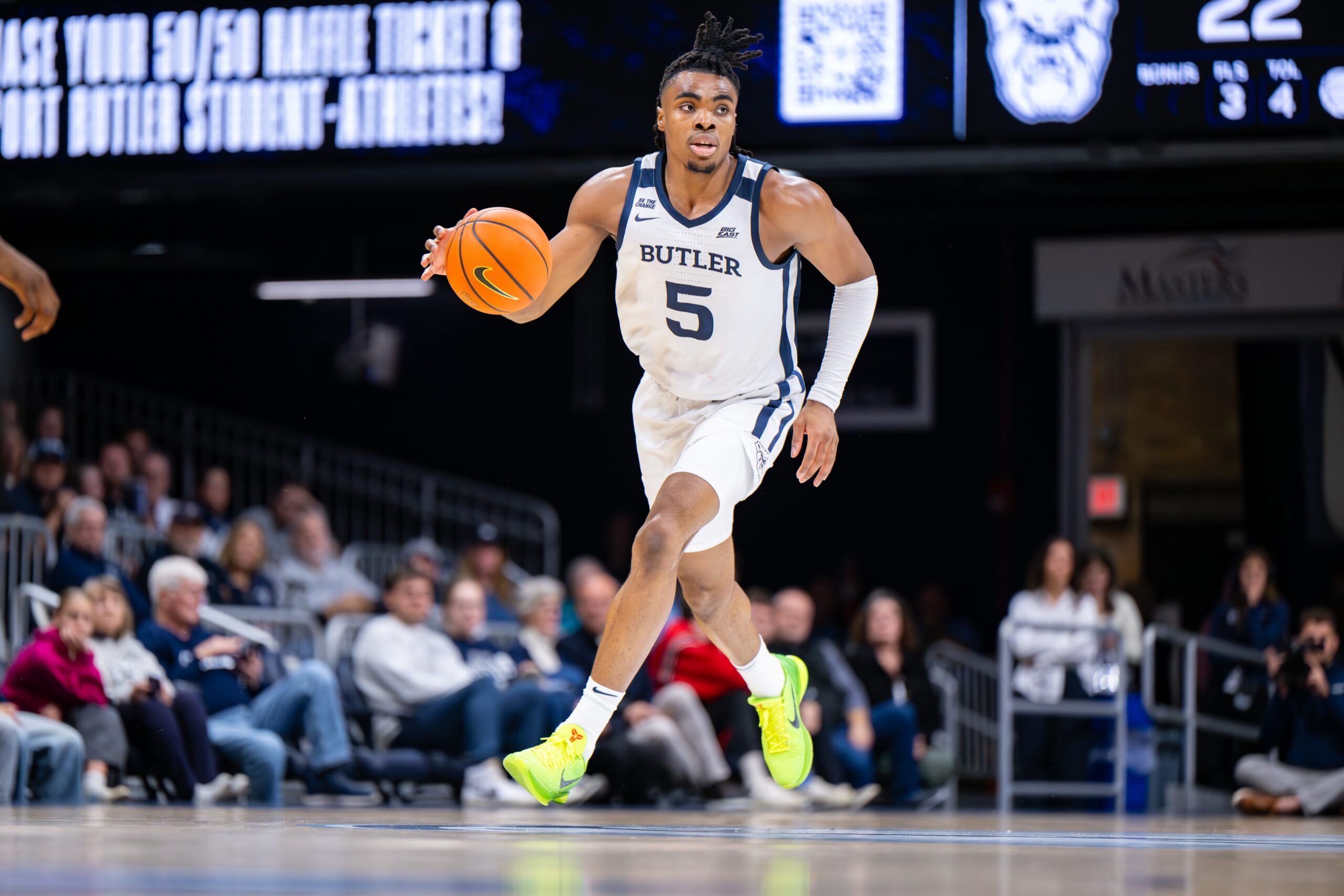 Butler Bulldogs forward Michael Ajayi (5) brings the ball up court during the first half of an NCAA basketball game against the Southern Indiana Screaming Eagles, Wednesday, Nov. 5, 2025, at Hinkle Fieldhouse.