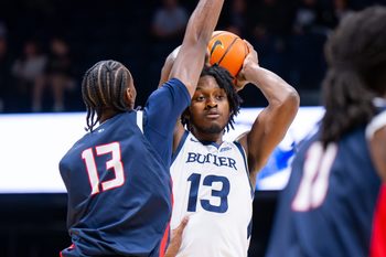 Butler Bulldogs center Drayton Jones (13) looks to pass during the first half of an NCAA basketball game against the Southern Indiana Screaming Eagles, Wednesday, Nov. 5, 2025, at Hinkle Fieldhouse.