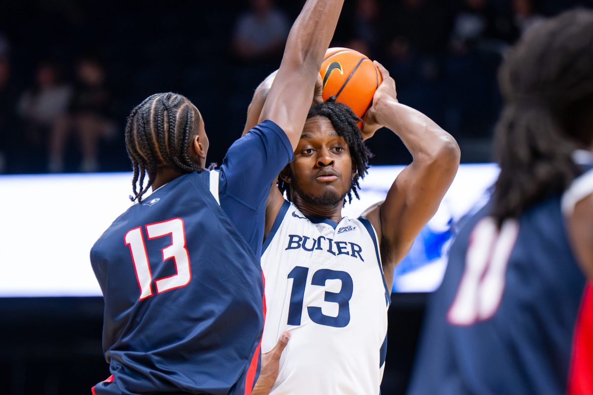 Butler Bulldogs center Drayton Jones (13) looks to pass during the first half of an NCAA basketball game against the Southern Indiana Screaming Eagles, Wednesday, Nov. 5, 2025, at Hinkle Fieldhouse.