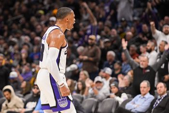 Nov 5, 2025; Sacramento, California, USA; Sacramento Kings guard Russell Westbrook (18) celebrates after scoring against the Golden State Warriors during the third quarter at Golden 1 Center. Mandatory Credit: Ed Szczepanski-Imagn Images