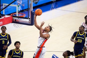 Auburn Tigers forward Keyshawn Hall (7) goes up for a layup as Auburn Tigers take on Merrimack Warriors at Neville Arena in Auburn, Ala. on Thursday, Nov. 6, 2025. Auburn Tigers defeated Merrimack Warriors 95-57.