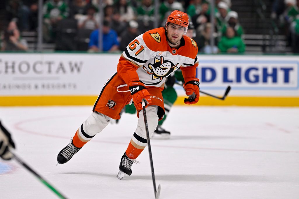 Nov 6, 2025; Dallas, Texas, USA; Anaheim Ducks left wing Cutter Gauthier (61) skates against the Dallas Stars during the third period at the American Airlines Center. Mandatory Credit: Jerome Miron-Imagn Images