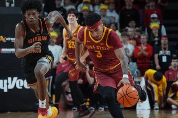 Iowa State Cyclones guard Tamin Lipsey (3) steals the ball from Grambling State Tiger forward Jimel Lane (5) during the second half on Nov. 6, 2025, at Hilton Coliseum in Ames, Iowa.