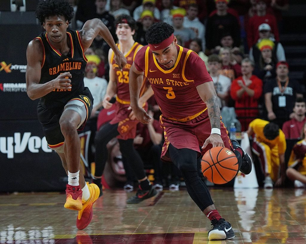 Iowa State Cyclones guard Tamin Lipsey (3) steals the ball from Grambling State Tiger forward Jimel Lane (5) during the second half on Nov. 6, 2025, at Hilton Coliseum in Ames, Iowa.