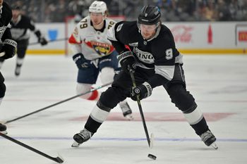 Nov 6, 2025; Los Angeles, California, USA; Los Angeles Kings right wing Adrian Kempe (9) handles the puck during the second period against the Florida Panthers at Crypto.com Arena. Mandatory Credit: Jayne Kamin-Oncea-Imagn Images