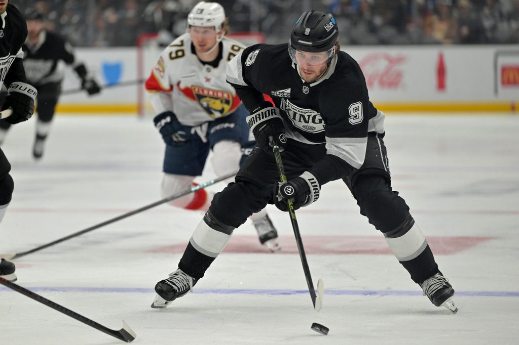 Nov 6, 2025; Los Angeles, California, USA; Los Angeles Kings right wing Adrian Kempe (9) handles the puck during the second period against the Florida Panthers at Crypto.com Arena. Mandatory Credit: Jayne Kamin-Oncea-Imagn Images