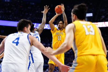 Nov 7, 2025; Lexington, Kentucky, USA; Valparaiso Beacons forward Isaiah Barnes (11) shoots the ball during the first half against the Kentucky Wildcats at Rupp Arena at Central Bank Center. Mandatory Credit: Jordan Prather-Imagn Images