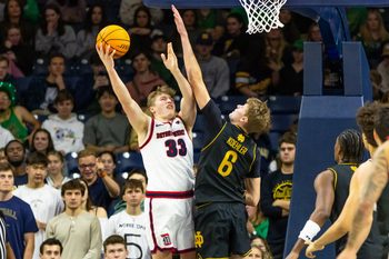 Nov 7, 2025; South Bend, Indiana, USA; Detroit Mercy Titans guard TJ Nadeau (33) shoots as Notre Dame Fighting Irish forward Brady Koehler (6) defends during the second half at Purcell Pavilion at the Joyce Center. Mandatory Credit: Michael Caterina-Imagn Images