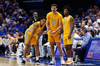 Nov 7, 2025; Lexington, Kentucky, USA; Valparaiso Beacons guard Rakim Chaney (0), center Tucker Tornatta (35) and guard Mark Brown (10) wait to check into the game during the second half against the Kentucky Wildcats at Rupp Arena at Central Bank Center. Mandatory Credit: Jordan Prather-Imagn Images