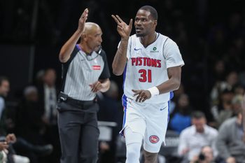 Nov 7, 2025; Brooklyn, New York, USA;  Detroit Pistons guard Javonte Green (31) celebrates after making a three point shot in the fourth quarter against the Brooklyn Nets at Barclays Center. Mandatory Credit: Wendell Cruz-Imagn Images