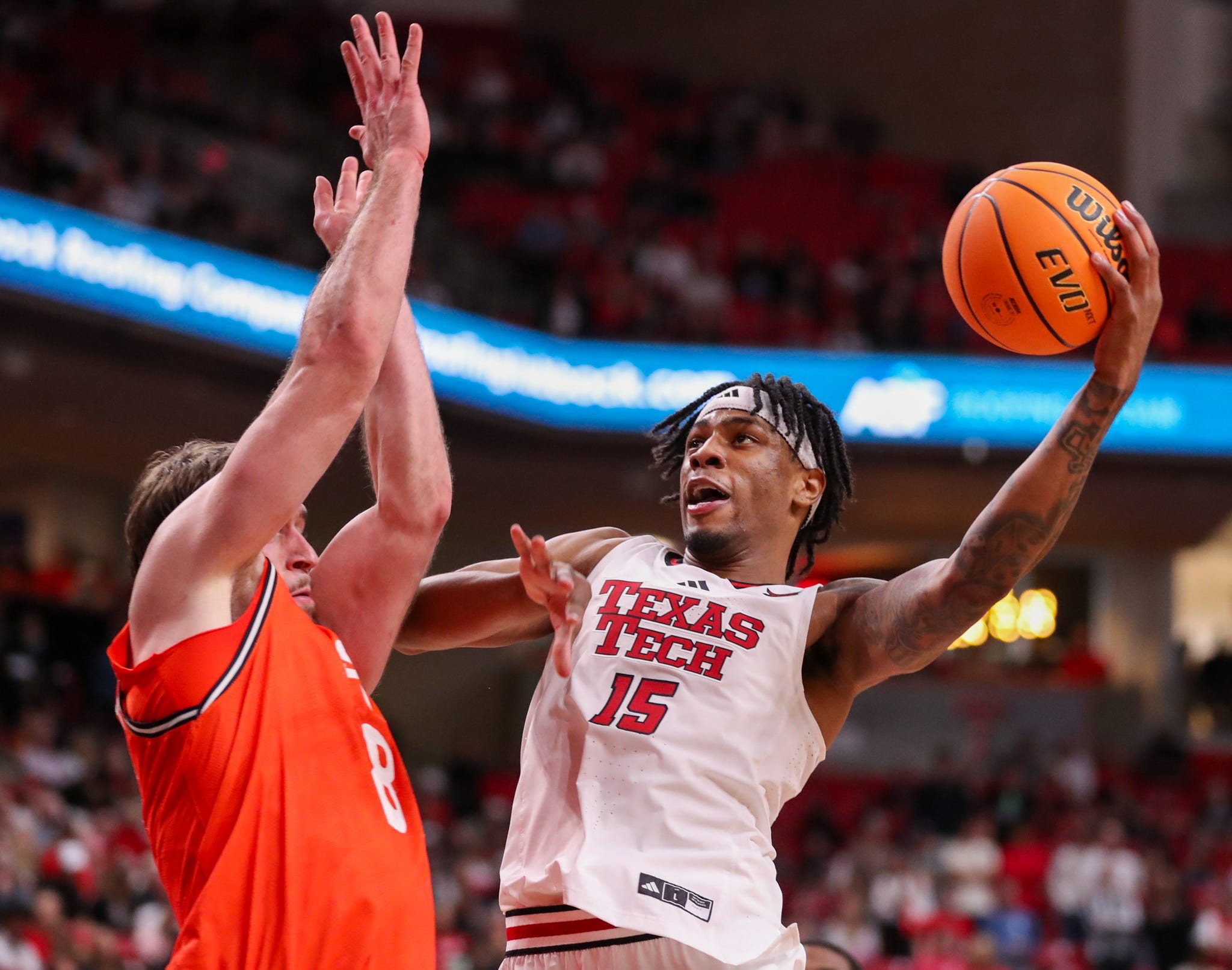 Texas Tech's JT Toppin looks to score against Sam Houston during a nonconference men's basketball game, Friday, Nov. 7, 2025, at United Supermarkets Arena.