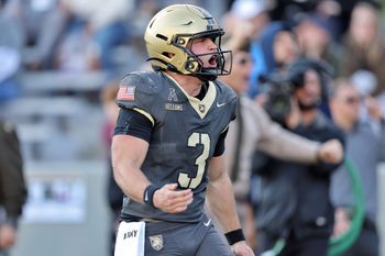 Nov 8, 2025; West Point, New York, USA; Army Black Knights quarterback Cale Hellums (3) celebrates against the Temple Owls during the second half at Michie Stadium. Mandatory Credit: Danny Wild-Imagn Images
