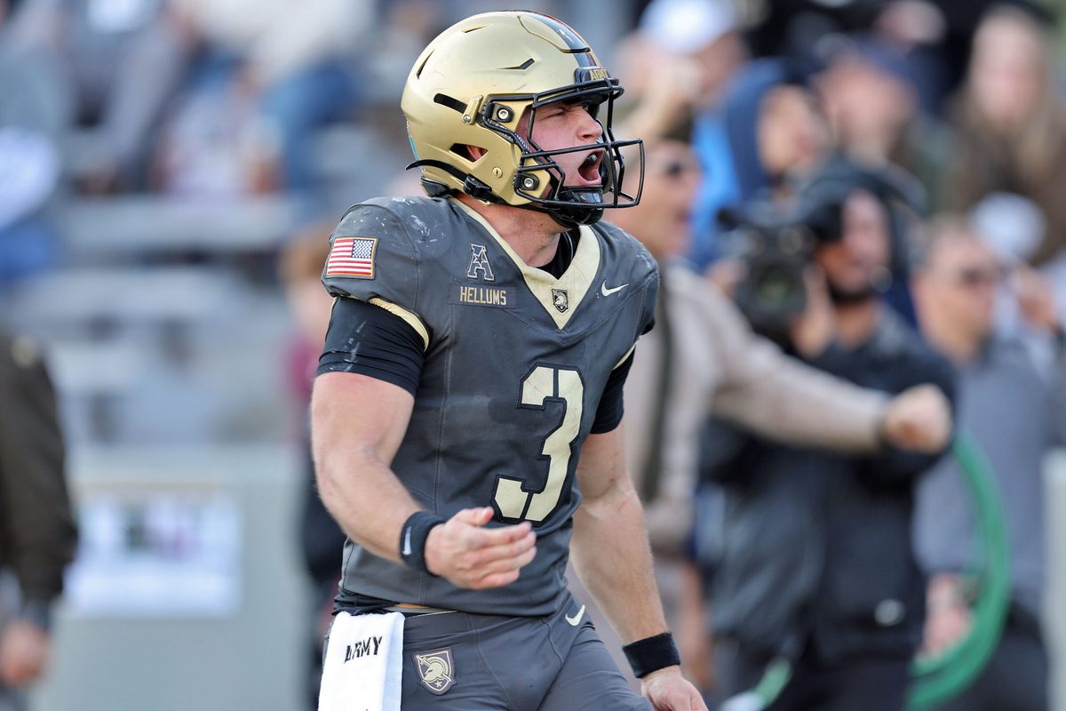 Nov 8, 2025; West Point, New York, USA; Army Black Knights quarterback Cale Hellums (3) celebrates against the Temple Owls during the second half at Michie Stadium. Mandatory Credit: Danny Wild-Imagn Images