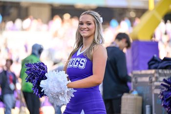 Nov 8, 2025; Fort Worth, Texas, USA; The TCU Horned Frogs cheerleaders cheer for the Frogs during the against the Iowa State Cyclones at Amon G. Carter Stadium. Mandatory Credit: Jerome Miron-Imagn Images
