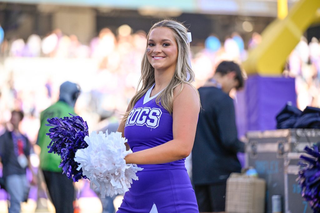 Nov 8, 2025; Fort Worth, Texas, USA; The TCU Horned Frogs cheerleaders cheer for the Frogs during the against the Iowa State Cyclones at Amon G. Carter Stadium. Mandatory Credit: Jerome Miron-Imagn Images