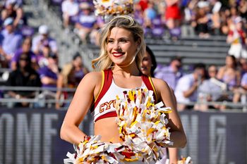 Nov 8, 2025; Fort Worth, Texas, USA; A view of the Iowa State Cyclones cheerleaders during the game against the TCU Horned Frogs at Amon G. Carter Stadium. Mandatory Credit: Jerome Miron-Imagn Images