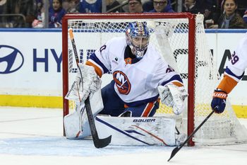 Nov 8, 2025; New York, New York, USA;  New York Islanders goaltender Ilya Sorokin (30) defends the net in the third period against the New York Rangers at Madison Square Garden. Mandatory Credit: Wendell Cruz-Imagn Images