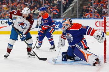 Nov 8, 2025; Edmonton, Alberta, CAN; Colorado Avalanche forward Arthur Lehkonen (62) looks for the puck in front of Edmonton Oilers goaltender Calvin Pickard (30) during the second period at Rogers Place. Mandatory Credit: Perry Nelson-Imagn Images
