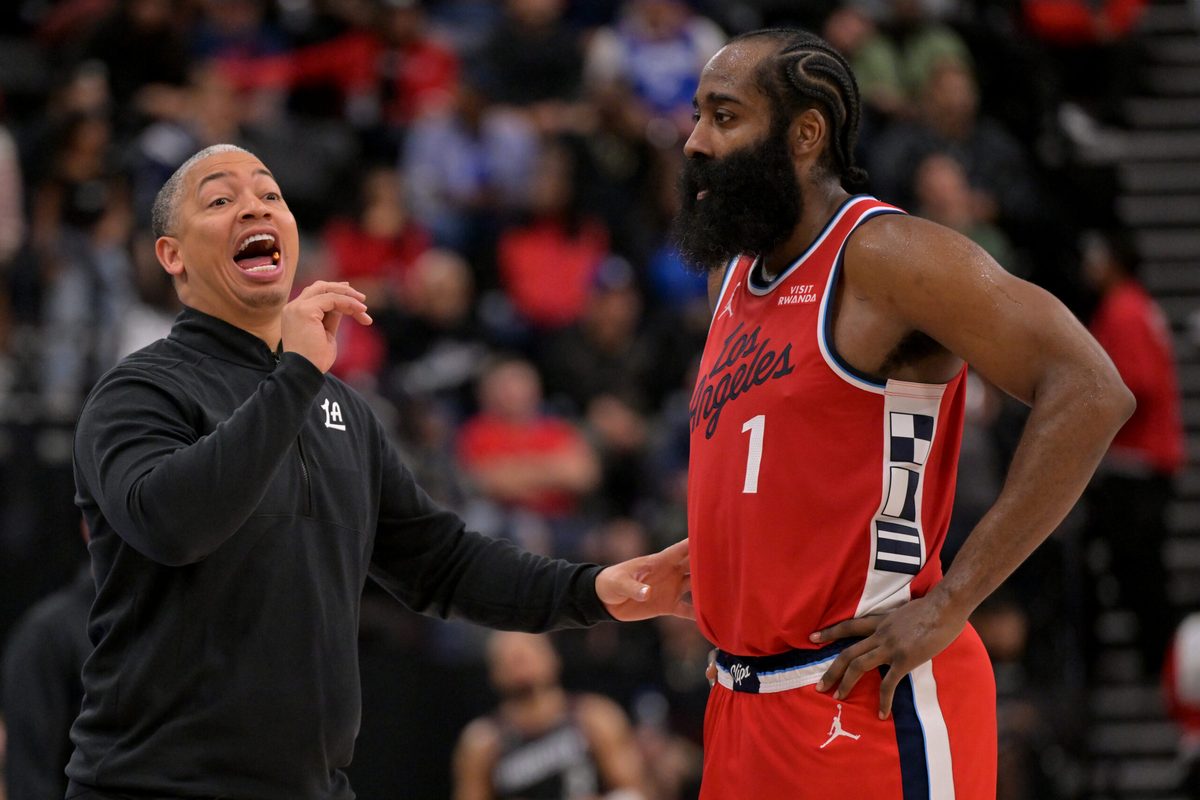 Nov 8, 2025; Inglewood, California, USA; Los Angeles Clippers head coach Tyronn Lue and guard James Harden (1) on the sidelines during the second half against the Phoenix Suns at Intuit Dome. Mandatory Credit: Jayne Kamin-Oncea-Imagn Images