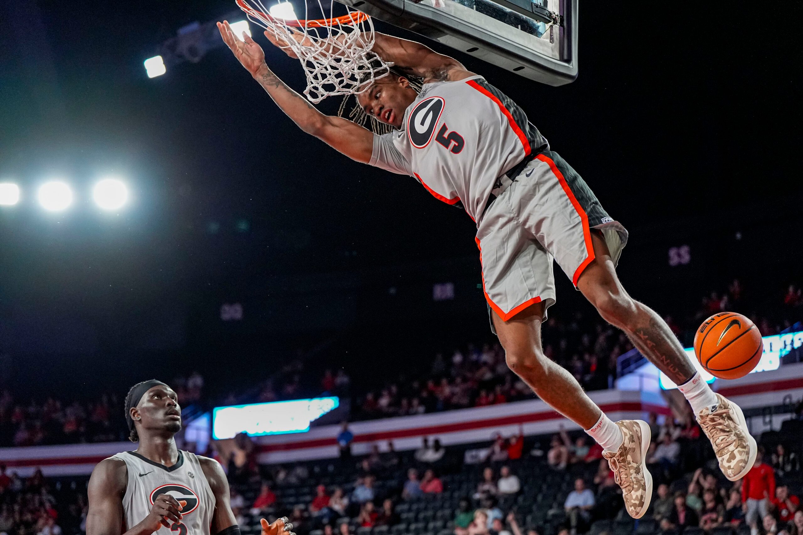 Nov 9, 2025; Athens, Georgia, USA; Georgia Bulldogs guard Jeremiah Wilkinson (5) dunks the ball against the Morehead State Eagles during the first half at Stegeman Coliseum. Mandatory Credit: Dale Zanine-Imagn Images