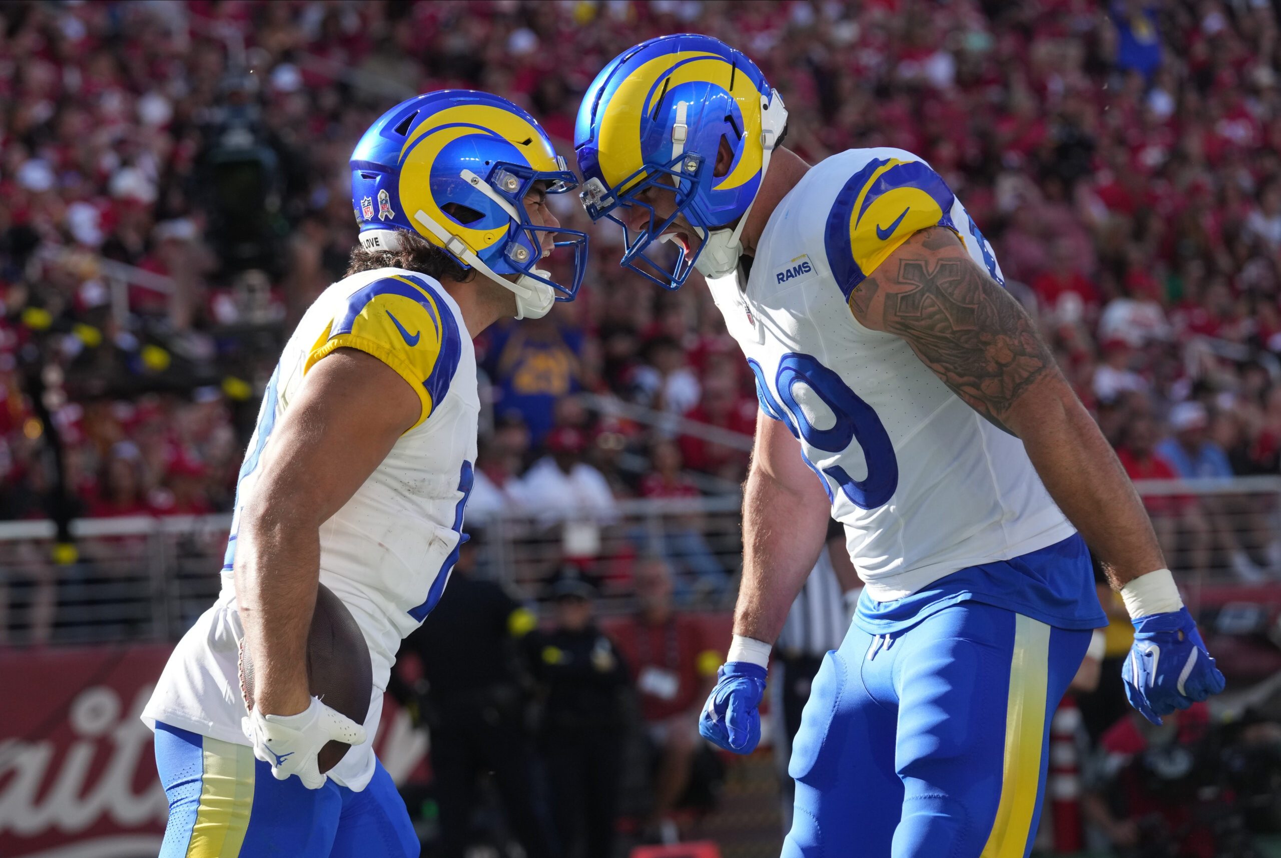 Nov 9, 2025; Santa Clara, California, USA; Los Angeles Rams wide receiver Puka Nacua (12) celebrates with Los Angeles Rams tight end Tyler Higbee (89) after scoring a touchdown during the first quarter at Levi's Stadium. Mandatory Credit: Cary Edmondson-Imagn Images