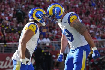 Nov 9, 2025; Santa Clara, California, USA; Los Angeles Rams wide receiver Puka Nacua (12) celebrates with Los Angeles Rams tight end Tyler Higbee (89) after scoring a touchdown during the first quarter at Levi's Stadium. Mandatory Credit: Cary Edmondson-Imagn Images