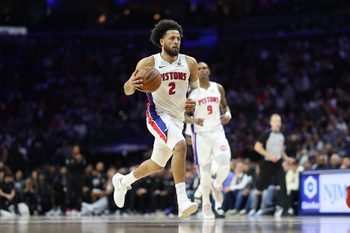 Nov 9, 2025; Philadelphia, Pennsylvania, USA; Detroit Pistons guard Cade Cunningham (2) dribbles up court against the Philadelphia 76ers during the second quarter at Xfinity Mobile Arena. Mandatory Credit: Bill Streicher-Imagn Images