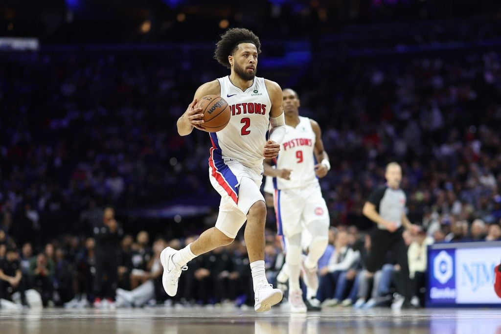 Nov 9, 2025; Philadelphia, Pennsylvania, USA; Detroit Pistons guard Cade Cunningham (2) dribbles up court against the Philadelphia 76ers during the second quarter at Xfinity Mobile Arena. Mandatory Credit: Bill Streicher-Imagn Images