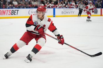 Nov 9, 2025; Toronto, Ontario, CAN; Carolina Hurricanes forward Sebastian Aho (20) skates against the Toronto Maple Leafs during the second period at Scotiabank Arena. Mandatory Credit: John E. Sokolowski-Imagn Images
