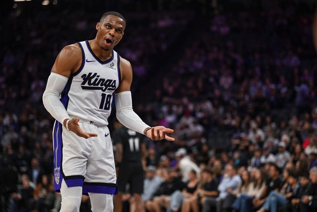 Nov 9, 2025; Sacramento, California, USA; Sacramento Kings guard Russell Westbrook (18) reacts during the second quarter against the Minnesota Timberwolves at Golden 1 Center. Mandatory Credit: Justine Willard-Imagn Images