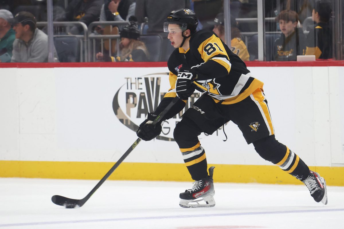 Nov 9, 2025; Pittsburgh, Pennsylvania, USA; Pittsburgh Penguins center Ben Kindel (81) moves the puck against the Los Angeles Kings during the second period at PPG Paints Arena. Mandatory Credit: Charles LeClaire-Imagn Images