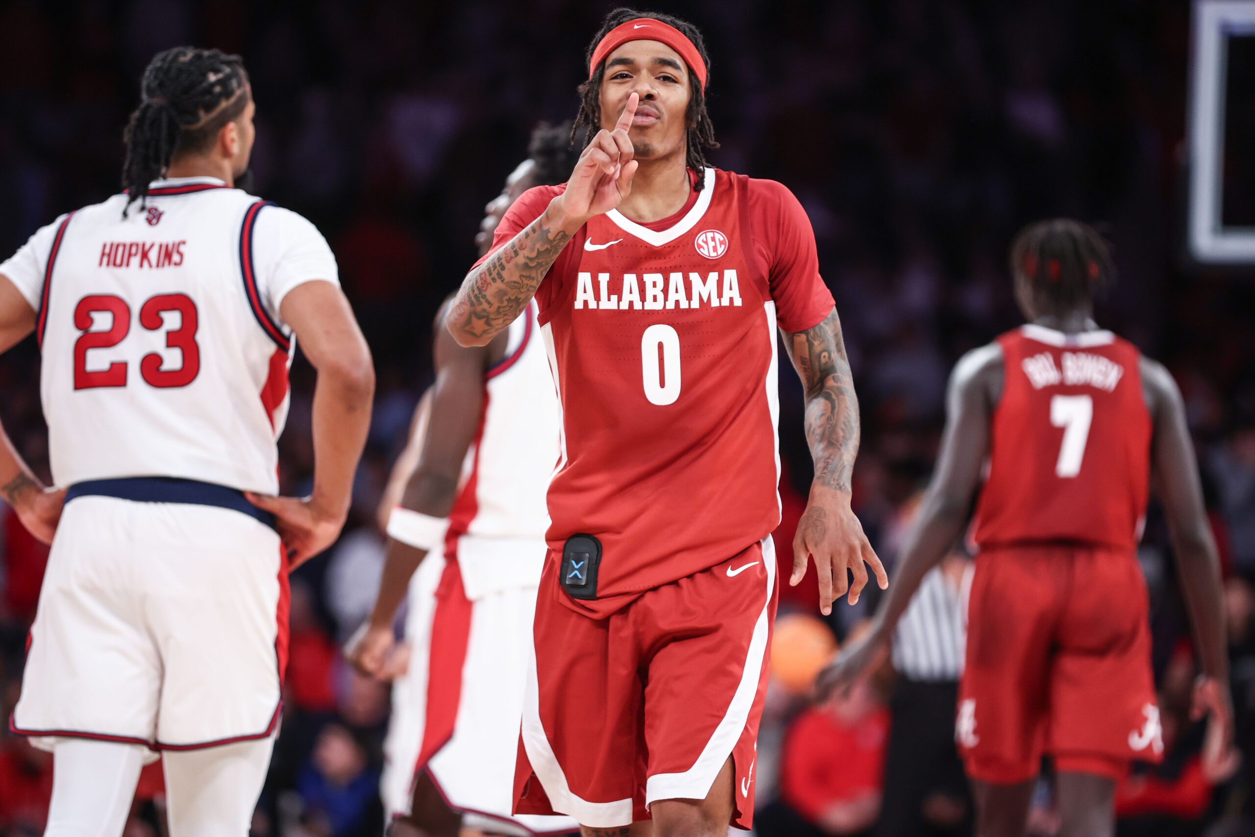 Nov 8, 2025; New York, New York, USA;  Alabama Crimson Tide guard Labaron Philon (0) at Madison Square Garden. Mandatory Credit: Wendell Cruz-Imagn Images