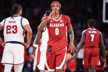 Nov 8, 2025; New York, New York, USA;  Alabama Crimson Tide guard Labaron Philon (0) at Madison Square Garden. Mandatory Credit: Wendell Cruz-Imagn Images