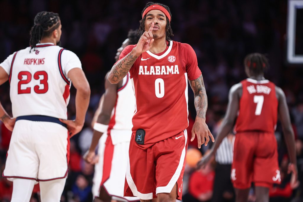 Nov 8, 2025; New York, New York, USA; Alabama Crimson Tide guard Labaron Philon (0) at Madison Square Garden. Mandatory Credit: Wendell Cruz-Imagn Images