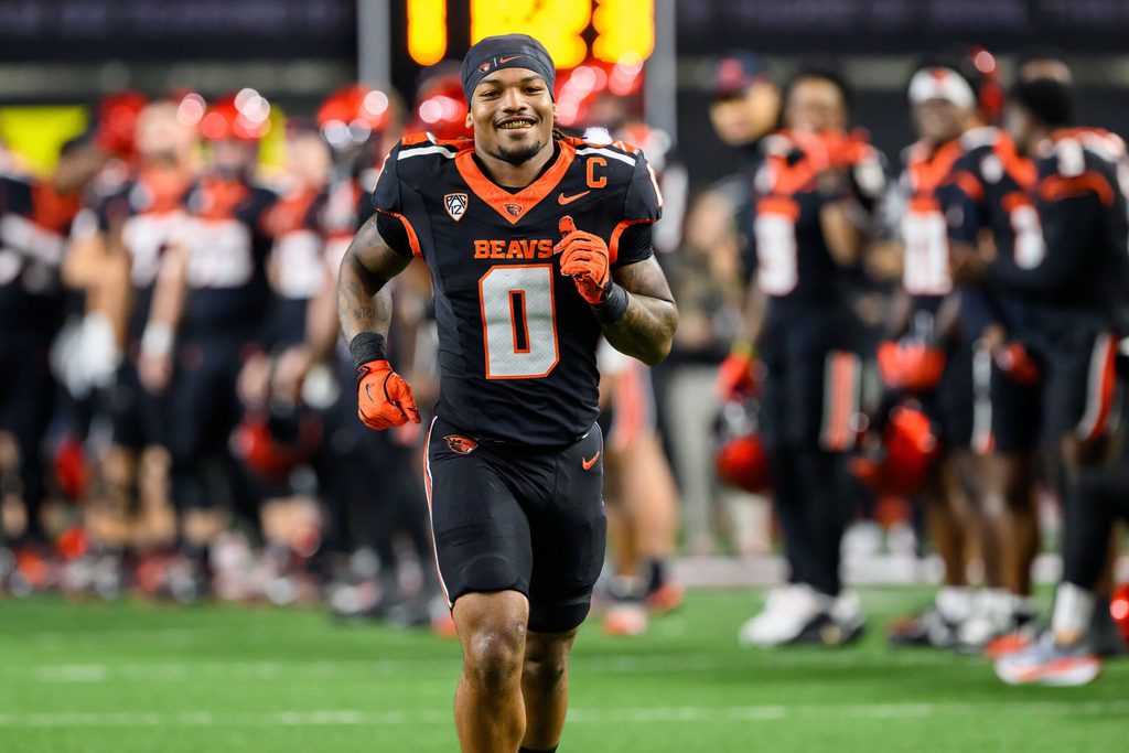 Nov 8, 2025; Corvallis, Oregon, USA; Oregon State Beavers running back Anthony Hankerson (0) is recognized on the field during senior ceremonies before the game against the Sam Houston Bearkats at Reser Stadium. Mandatory Credit: Craig Strobeck-Imagn Images