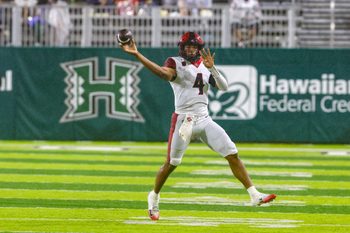 Nov 8, 2025; Honolulu, Hawaii, USA;  San Diego State Aztecs quarterback Jayden Denegal (4) makes a pass against the Hawaii Rainbow Warriors at Clarence T.C. Ching Athletics Complex. Mandatory Credit: Marco Garcia-Imagn Images