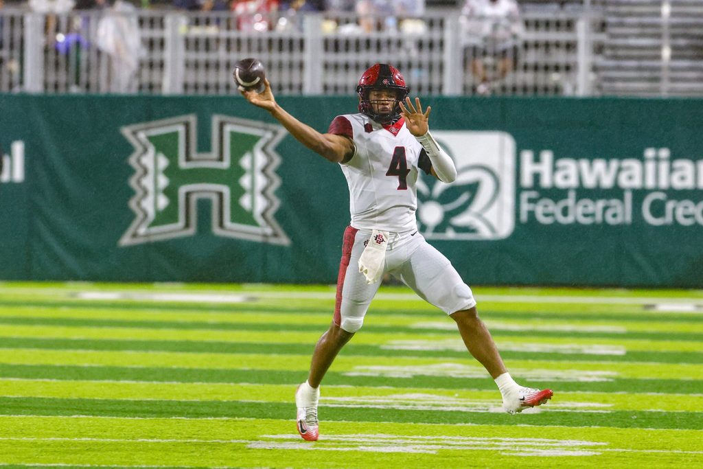 Nov 8, 2025; Honolulu, Hawaii, USA; San Diego State Aztecs quarterback Jayden Denegal (4) makes a pass against the Hawaii Rainbow Warriors at Clarence T.C. Ching Athletics Complex. Mandatory Credit: Marco Garcia-Imagn Images