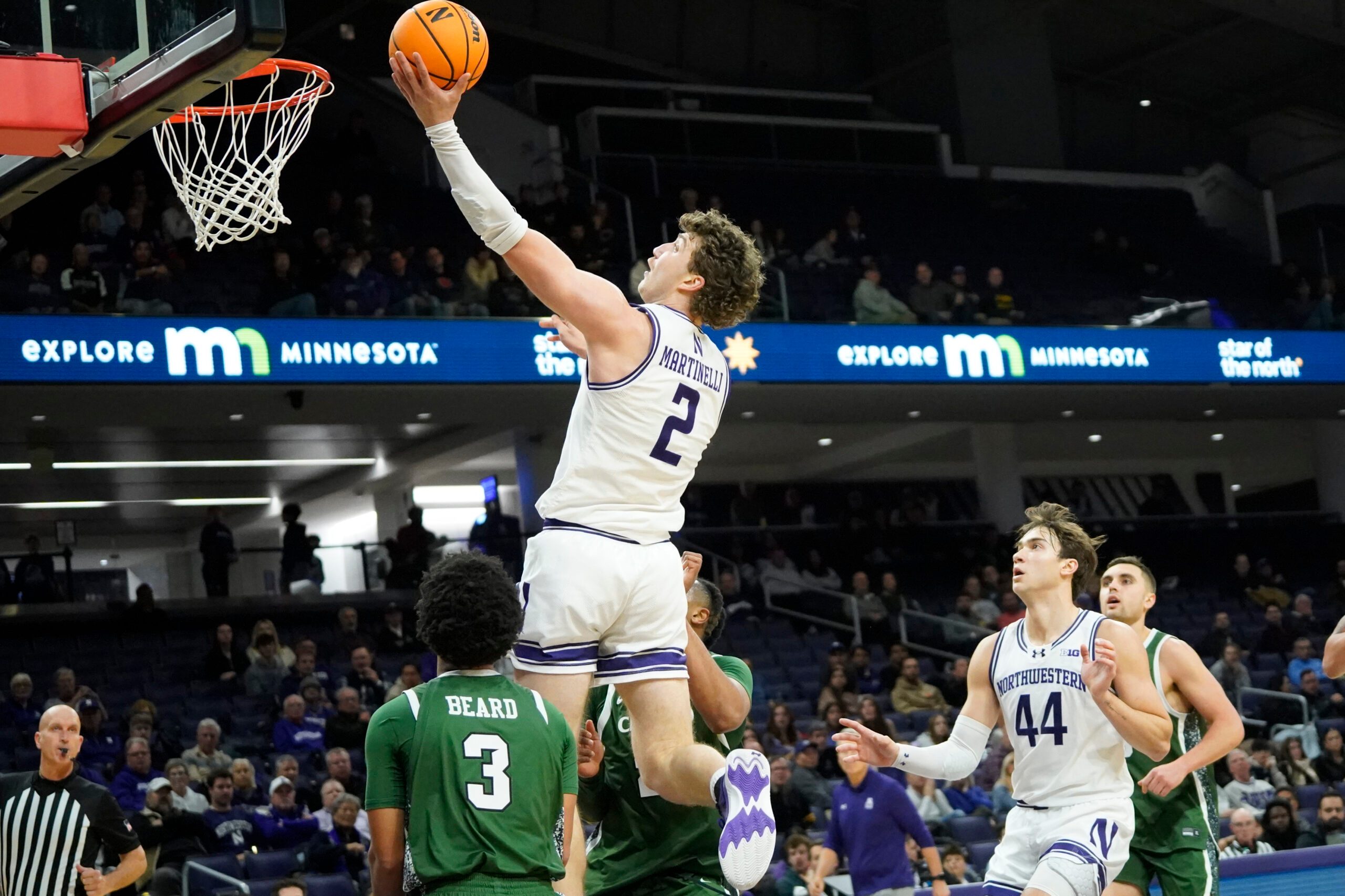 Nov 10, 2025; Evanston, Illinois, USA; Northwestern Wildcats forward Nick Martinelli (2) drives to the basket against the Cleveland State Vikings during the second half at Welsh-Ryan Arena. Mandatory Credit: David Banks-Imagn Images