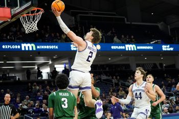 Nov 10, 2025; Evanston, Illinois, USA; Northwestern Wildcats forward Nick Martinelli (2) drives to the basket against the Cleveland State Vikings during the second half at Welsh-Ryan Arena. Mandatory Credit: David Banks-Imagn Images